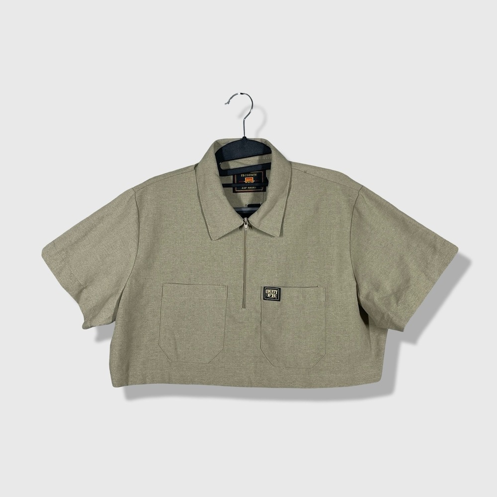 FB County Cropped 1/2 Zip Shirt Womens Small Khaki Streetwear Workwear Y2K NWT